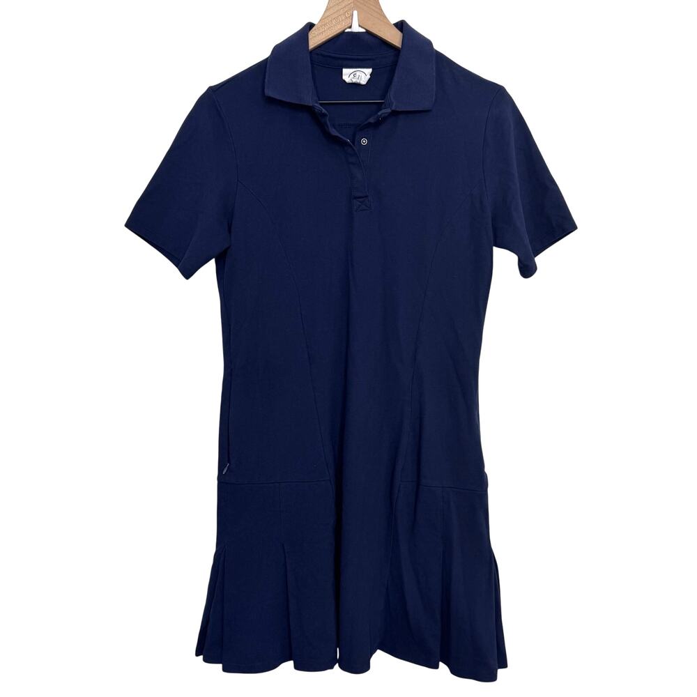 SAGE Collective Short Sleeve Pleated Polo Tennis Dress Navy Blue Size Medium